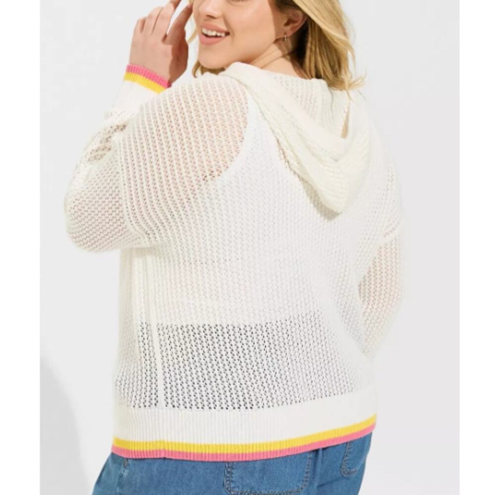 New Torrid Women's White Striped Pointelle Boxy Hoodie Size 00 M/L Coastal Chic - Picture 2 of 9
